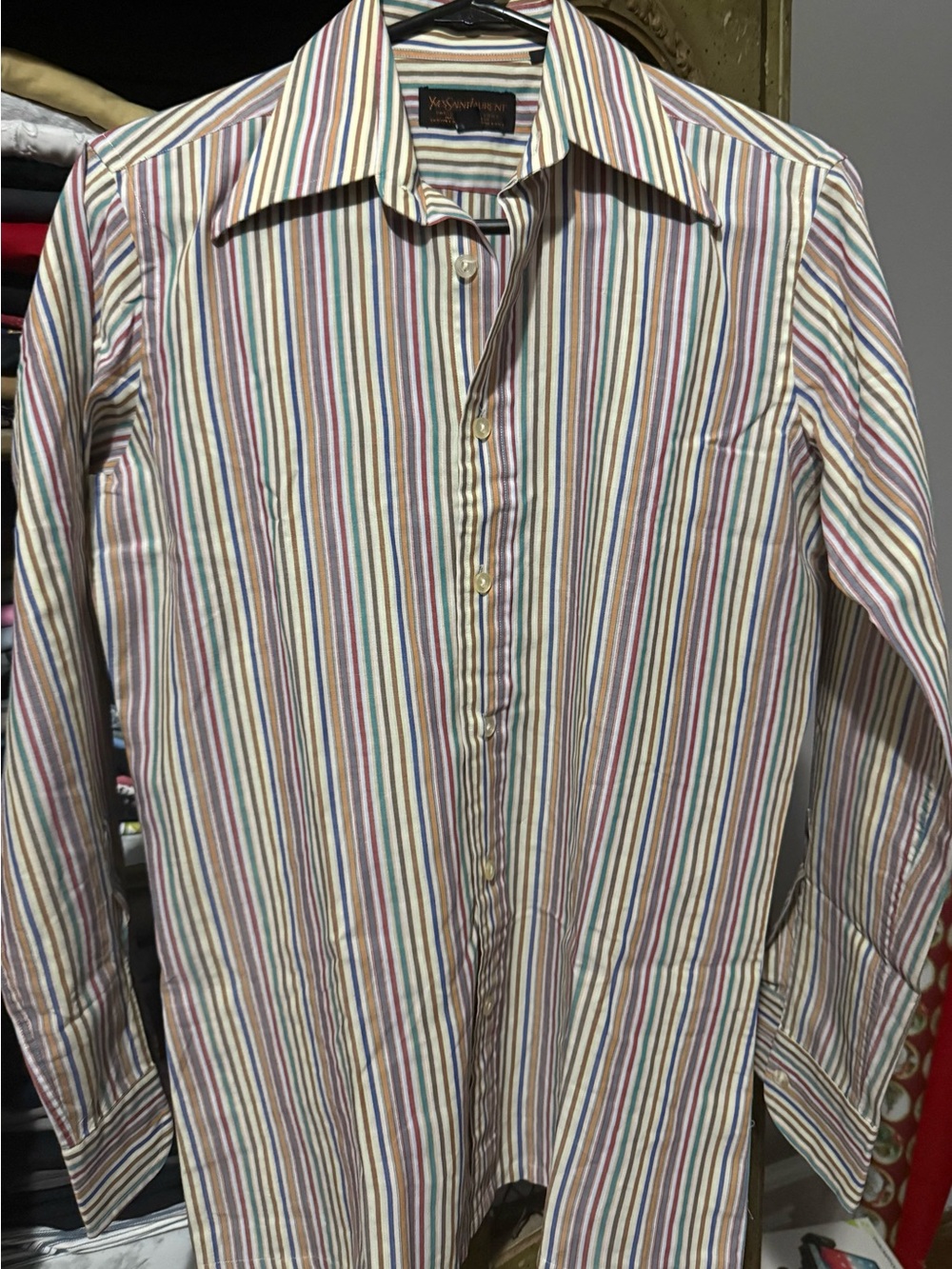 Yves Saint Laurent Cream Multicolor Vertical Stripe Dress Shirt